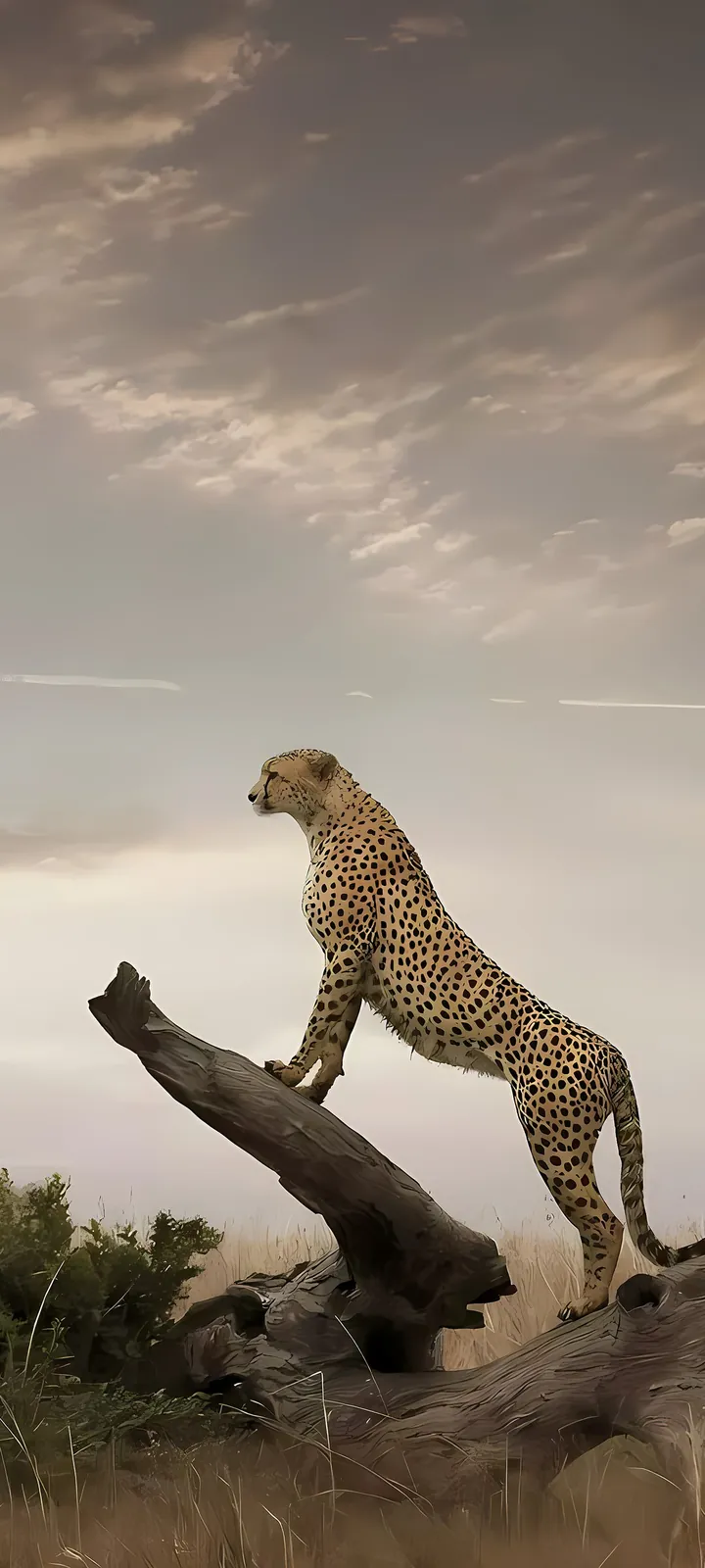 Scene layer: a cheetah on a log at dusk